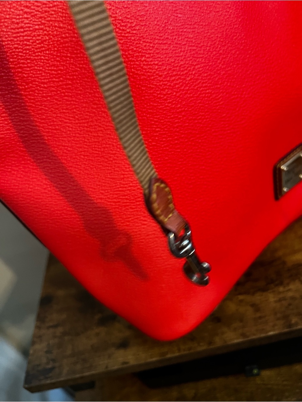 Dooney & Bourke Bright Red Pebbled Leather Tote with Brown Trim - Picture 4 of 7